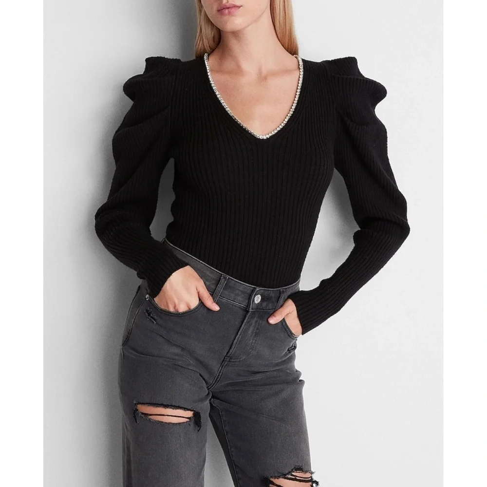 NWT Express Embellished V-Neck Puff Sleeve Sweater